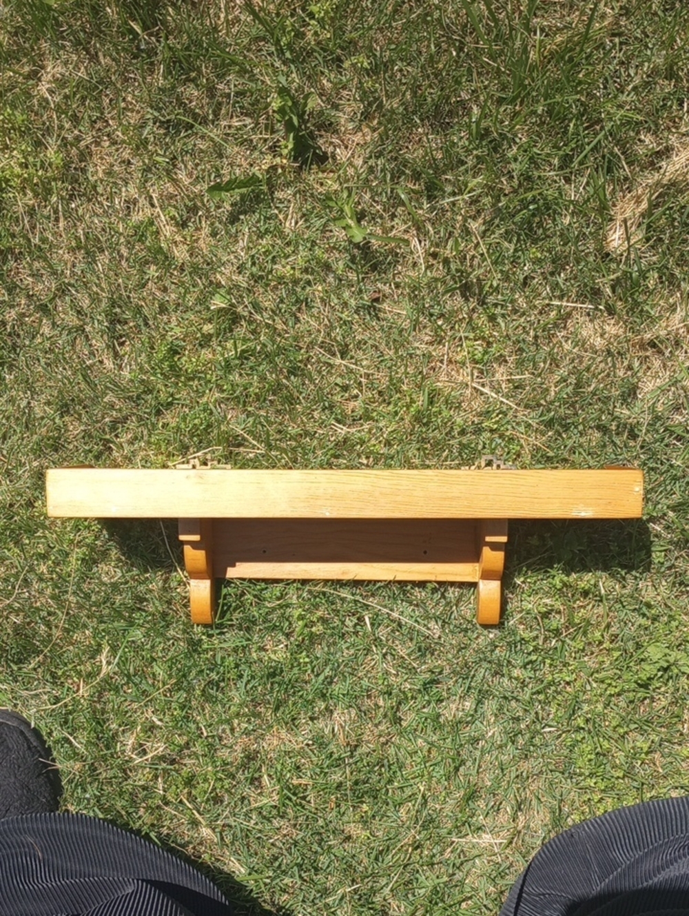 Vintage Spruce Wood 18.75 x 5.1 Inch Wall Shelf w/ Asian Metal Accents